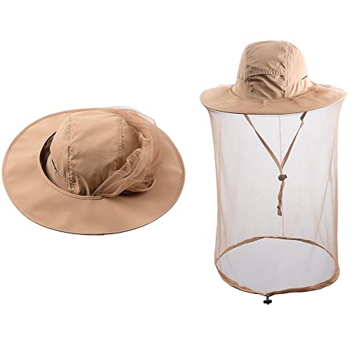Bee Keeping Beekeeper Veil hat gnats Insect Bug Mosquito Fishing Gardening Cap with Head net Netting mesh Hood for Men Women - color: Khaki