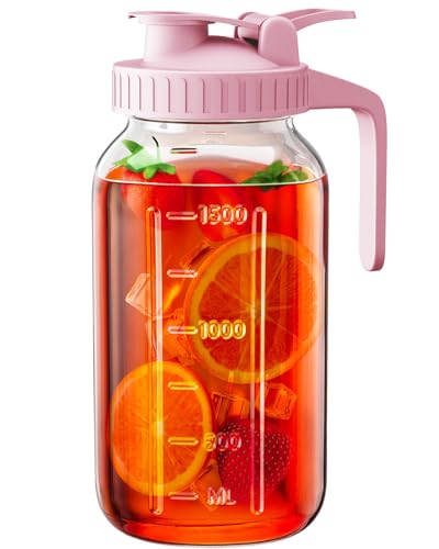 64 oz Glass Pitcher with Lid, Large Wide Mouth Mason Jar with Pour Spout, Pink Sun Tea Jar for Outside, Glass Water Pitcher Great for Drink, Cold Beverages and Breast Milk - color: Pink, size: 64 Ounces