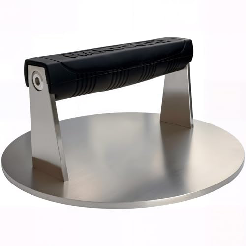 Stainless Steel Burger Smasher 3.25 LB – 8 Inch Steak Weight for Smash Burgers, Bacon, Sandwiches | Dishwasher Safe, Preheatable Protein Press with Silicone Handle | Commercial BBQ Tool - size: Φ8"