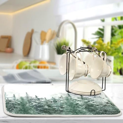 Winter Forest Scenery Dish Drying Mat for Kitchen Christmas Tree Snow Xmas Microfiber Drying Mats Absorbent Reversible Dish Pad Medium Dish Draining Mat 16x18 inch - size: 16" x 18"