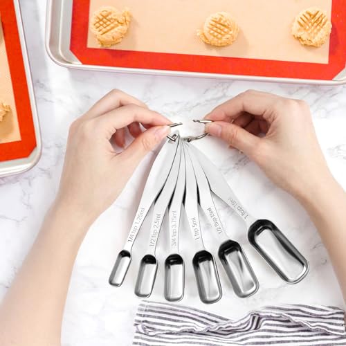 FANGSUN Stainless Steel Narrow Measuring Spoons, Metal Measuring Spoons with Long Handle and Engraved Measurements Set of 6, For Dry or Liquid, Fits in Spice Jar - style: Spoons - Set of 6