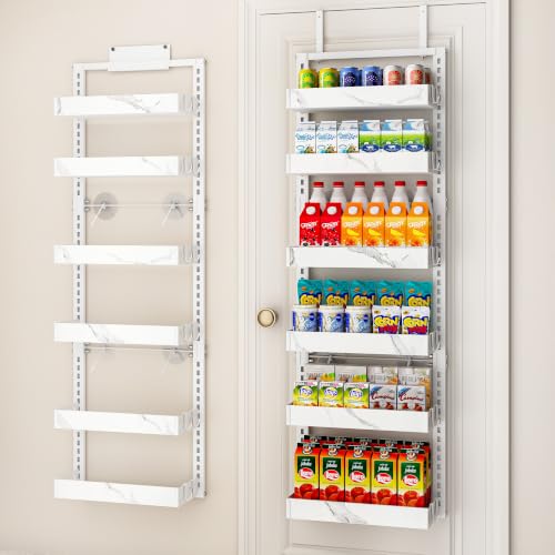 BUKFEN 6-Tier Over the Door Pantry Organizer, 2-in-1 Door Hanging or Wall Mounted Spice Rack, Heavy Duty Metal Storage Shelves with Adjustable Baskets for Kitchen Bathroom Closet, 1 Pack - color: White pole marble color, size: 6 Tier
