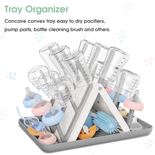 Large Baby Bottle Drying Rack, Space Saving Countertop Holder Organizer | 18 Hooks Slope Travel Bottle Dryer with Removable Drip Tray for Bottles & Baby Brushes Pacifiers and Pump Part-BPA Free