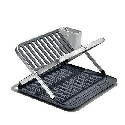 OXO Good Grips Aluminum Fold Flat Dish Drying Rack, 2-Tier, with Drainboard, for Kitchen Counter, Collapsible - style: Fold Flat Dish Drying Rack