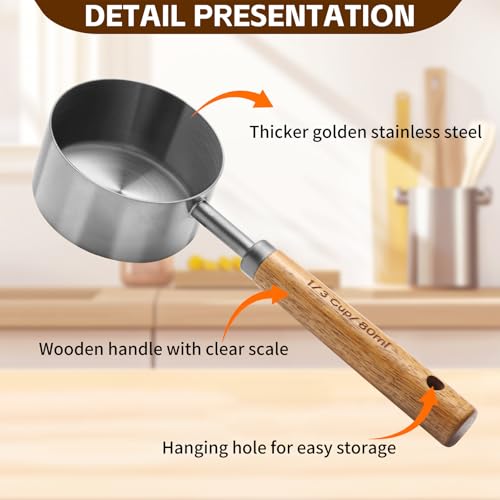 Measuring Cups and Spoons Set，Measuring Cup Set with Wooden Handle and Metric and US Measurements，Silver Polished Finish，for Cooking and Baking in The Kitchen (8 Piece) - color: Silver