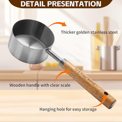Measuring Cups and Spoons Set，Measuring Cup Set with Wooden Handle and Metric and US Measurements，Silver Polished Finish，for Cooking and Baking in The Kitchen (8 Piece) - color: Silver