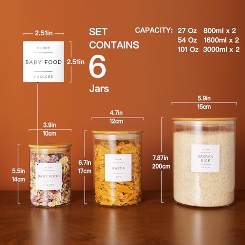 CZZGSM Set of 6 Glass Flour and Sugar jars with 132 Kitchen Pantry Labels - Thicken Large Glass Storage containers with Airtight Bamboo Lid - Rice Canisters for Salt Coffee - 100OZ/54OZ/27OZ - color: 6pack