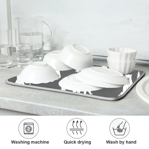 Polar Bears Trees Black Dish Drying Mat for Kitchen Counter Super Absorbent Draining Mat with Non-slip Backed Coffee Mat for Dish Bottles Cups Bowl Draining Racks Countertops Sinks