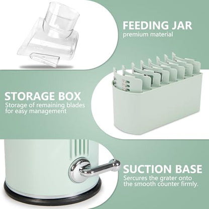 Rotary Cheese Grater with Handle: 5-in-1 Cheese Grater Hand Crank, Strong Suction Base for Fruit Vegetables Nuts with Blade Storage Box (Green) - color: Green