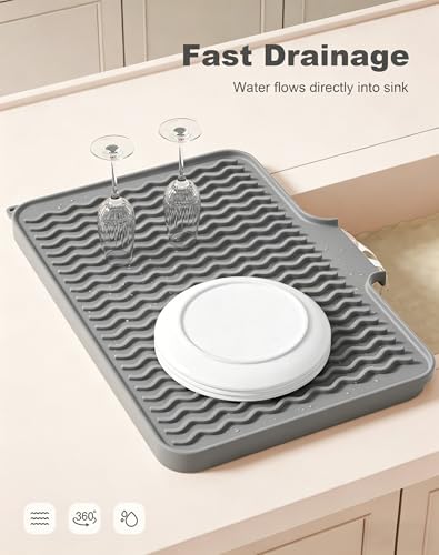 Rnivvi Silicone Dish Drying Mat for Kitchen Counter, 16 x 12" Fast Drainage Dish Rack Pad Drying Mats, Non-Slip Countertop Protector Heat Resistant Trivet, Easy to Clean Sink Drip Pad for Dishes, Gray - color: Gray
