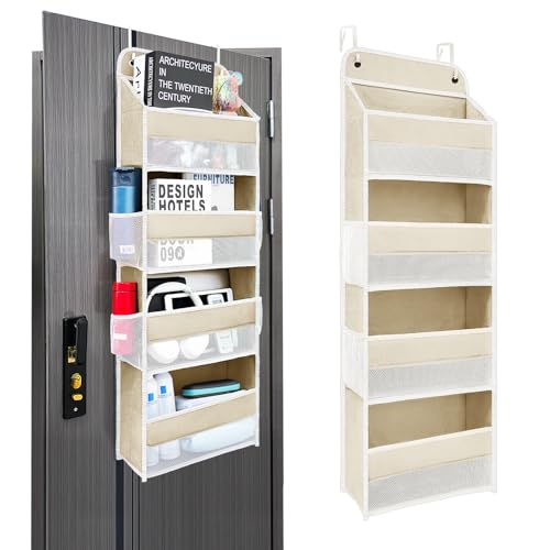 Over the Door Organizer with 4 Side Mesh Pockets, 4 Shelf Capacity Hanging Behind the Door Kitchen Organizers and Storage Suitable for Storing Toys, Shoes, Towels, Lvoy White, 4 Shelf - color: Ivory White, size: 4 shelf