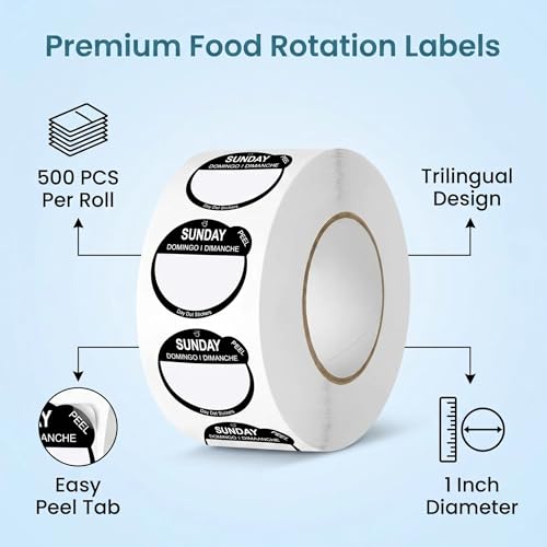 500Pcs/Roll Sunday Day of the Week Food Labels, 1 Inch Removable Food Rotation Day Dots Stickers, Trilingual Inventory Date Labels with Easy Peel Tab for Restaurant Kitchen Containers (Black) - color: 500pcs- Black Sunday