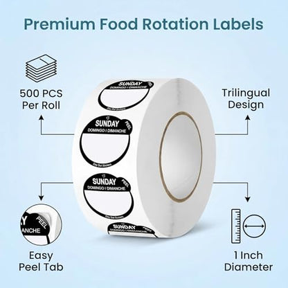 500Pcs/Roll Sunday Day of the Week Food Labels, 1 Inch Removable Food Rotation Day Dots Stickers, Trilingual Inventory Date Labels with Easy Peel Tab for Restaurant Kitchen Containers (Black) - color: 500pcs- Black Sunday