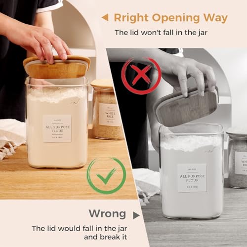 2 Pack large Square Glass Flour and Sugar Containers with 132 Kitchen Pantry Labels - 110 floz & 51 floz - Glass Jars with Airtight Bamboo Lid - Glass Rice Canisters for Coffee, Pasta, Cookie, Cereal - size: 110oz/51oz