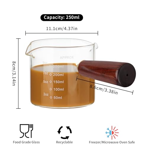 250ML/8.5OZ Measuring Cup Espresso Shot Glasses Double Spouts Large Coffee Cup with Wood Handle Triple Pitcher Milk Cup Parts Clear Glass By BCnmviku (250ml-1pack) - color: 250ml-1pack