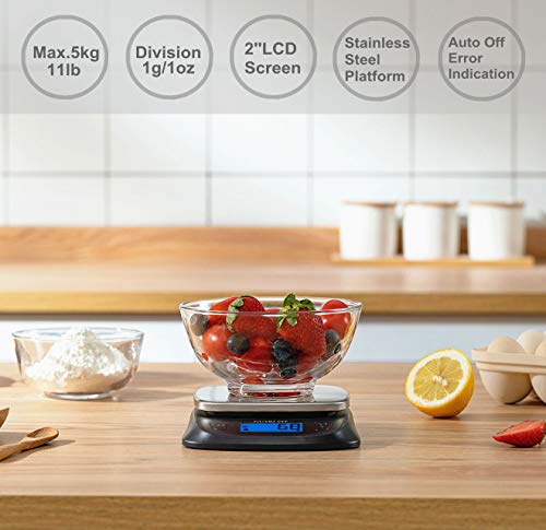 NUTRI FIT Ultra Slim Kitchen Scale Digital Food Weight Scale for Baking Cooking in Grams and Ounces Tare & Backlit LCD Display 11lb 5kg Capacity- Black/Stainless Steel - color: Black