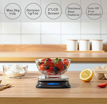 NUTRI FIT Ultra Slim Kitchen Scale Digital Food Weight Scale for Baking Cooking in Grams and Ounces Tare & Backlit LCD Display 11lb 5kg Capacity- Black/Stainless Steel - color: Black