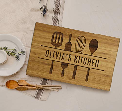 Andaz Press Personalized Large Bamboo Wood Cutting Board Gift, 17.75 x 11-inch, Olivia's Kitchen, Utensils Graphic, 1-Pack, Custom Laser Engraved Serving Chopping Board - color: Custom Name