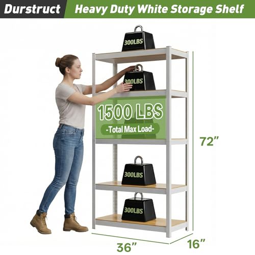 Durstruct 5 Tier 36" W×16" D×72" H White Shelving Unit Adjustable Metal Storage Utility Rack Heavy Duty Shelves Organization Multipurpose Shelf Kitchen Garage Pantry Closet Bathroom - size: 36" W x 16" D x 72" H