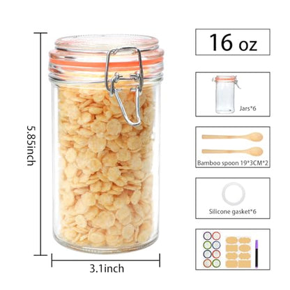 Flrolove 16 oz Glass Jars with Airtight Lid, Air Tight Glass Storage Jars | 6 Pack Glass Food Storage Containers, Leak Proof Rubber Gasket, Glass Canisters for Overnight Oats, Jelly, Coffee, Pickling - size: 16oz*6-cylinder