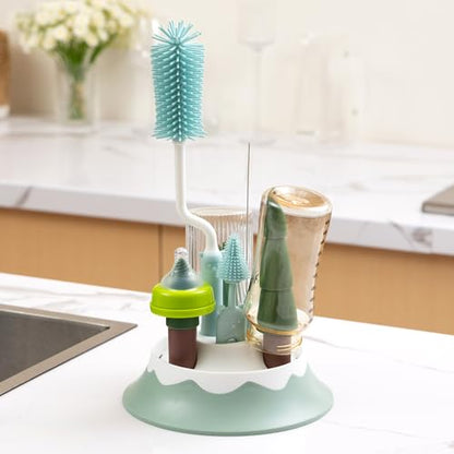 Baby Bottle Drying Rack and Cleaning Set，Xmas Surprise Gift for Newmom | with Spinning Silicone Baby Bottle Brush, Pacifier Brush, Straw Brush, Cup Lid Cleaning Brush, x Blue - style: Set, Blue