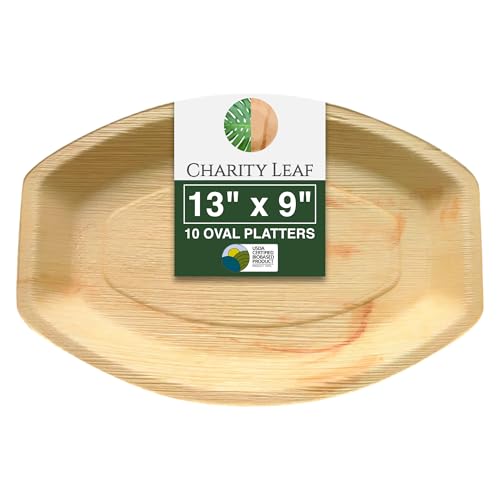 Charity Leaf Disposable Palm Leaf 13" x 9" Trays (10 pieces) Bamboo Like Serving Platters, Disposable Boards, Eco-Friendly Dinnerware For Weddings, Catering, Events - color: 10, size: 13x9" Oval