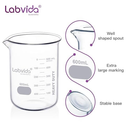 6pcs 600ml Upgrated Thick Glass Beakers, Griffin Low Form Beaker Set with Double Scale, 3.3 Boro, LVA030 - style: 6pcs of Vol.600ml