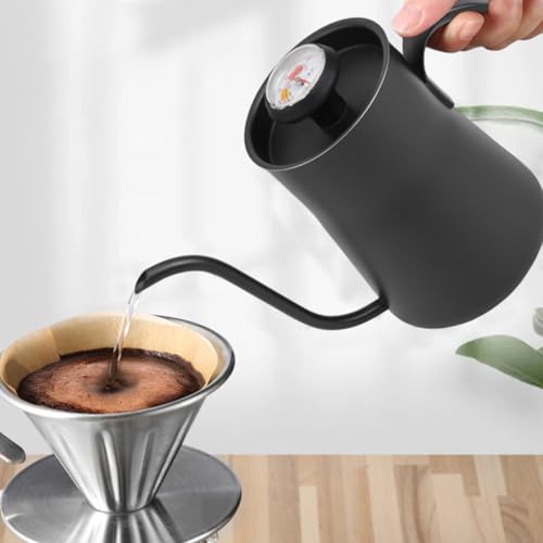 Gooseneck Pour Over for kettle 550ml with Thermometer, Stainless Steel Coffee Drip Pot for Stable Flow, Black for teapot Design