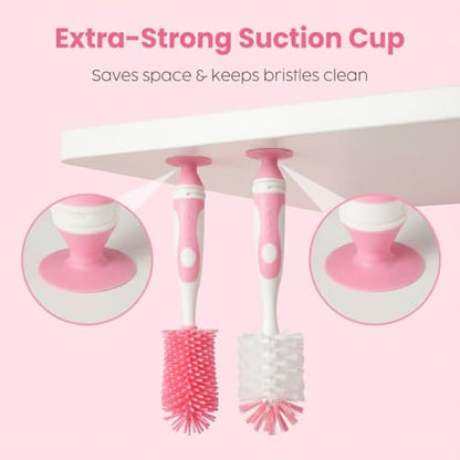 Ariseno 5-in-1 Baby Bottle Brush Set, Including Nylon and Silicone Bottle Brush, Cap, Straw, Nipple Brushes, BPA-Free (Pink) - color: Pink-nylon Silicone