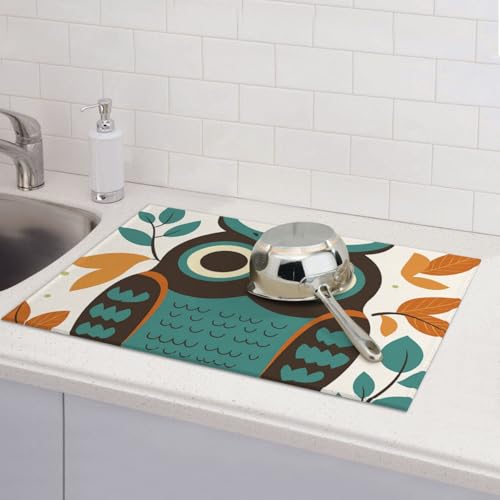 Cute Cartoon Owl and Leaf Dish Drying Mat for Kitchen Counter Microfiber Absorbent Reusable Washable 18x24in - color: Cute Cartoon Owl And Leaf