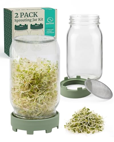 Elementi Sprouting Jar Kit - Set of 2 Wide Mouth Mason Jars with Sprout Lids & Stainless Steel Mesh Screen - Seed Sprouting Kit & Sprout Jars for Growing Broccoli Sprouts, Alfalfa, Mung Bean Sprouter - color: Sage Green Lids & Jars