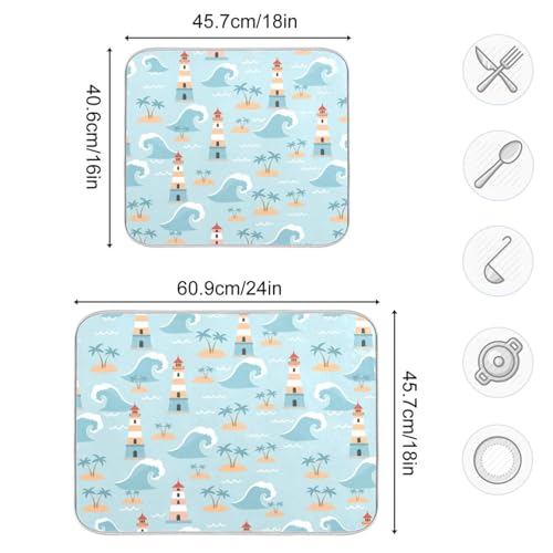 Ocean Lighthouse Palm Tree Dish Drying Mat for Kitchen Counter Super Absorbent Draining Mat with Non-slip Backed Dish Drying Pad for Countertops Sinks Draining Racks Dish Bottles Cups Bowl