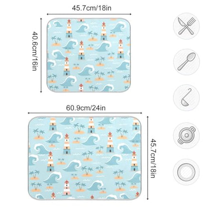 Ocean Lighthouse Palm Tree Dish Drying Mat for Kitchen Counter Super Absorbent Draining Mat with Non-slip Backed Dish Drying Pad for Countertops Sinks Draining Racks Dish Bottles Cups Bowl