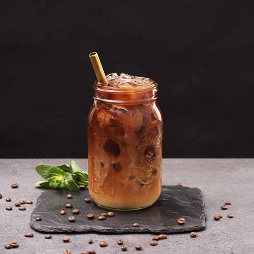 Reusable Boba Bubble Tea & Smoothie Cups - 2 Glass Wide Mouth 32oz Mason Jars with Bamboo Lids - 2 Reusable Gold Stainless Steel Boba Straws