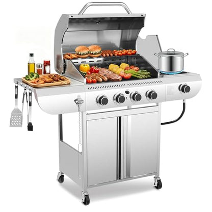 Kismile 4-Burner Propane Gas Grill with Side Burner, Stainless Steel 42,000 BTU BBQ Grill, Enameled Baking Rack & Enamel Grates, Barbecue Grill for Outdoor Cooking, Backyard, Patio, Deck Camping