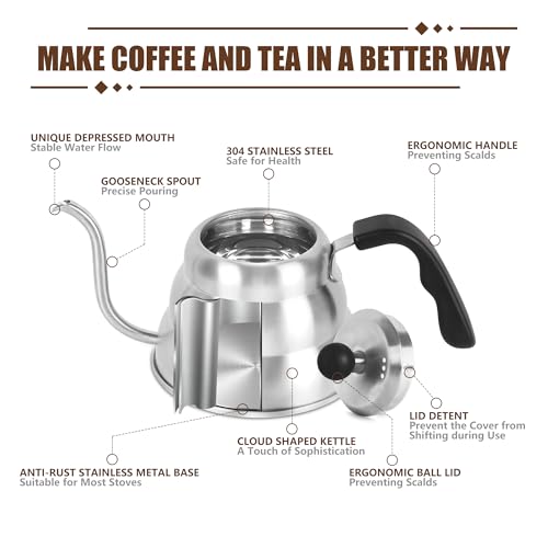 Tea Kettle for Stove Top,Silver Manual Drip Coffee Pour Over Kettle,28 oz | Gooseneck Coffee Kettle,Precision Pour Drip Spout Tea Pot,800ml,4 Cup,1Pack - color: Silver, size: 0.9 Quarts