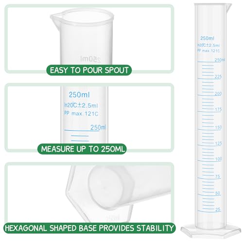 Affrolling 2 Pack 250ml Plastic Graduated Cylinder Hydrometer Test Tube Science Measuring Transparent Durable Lab Tube Milliliter Graduated Cylinder for Test Hydrometer Science Projects