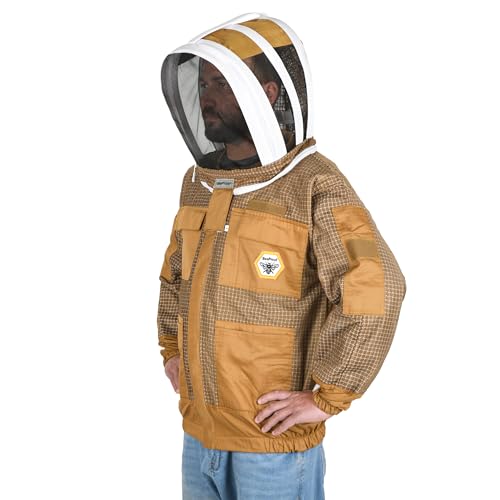 Beekeeping Jacket with Veil 3-Layer Ultra Ventilated 2 Veil Options (Fencing & Round) YKK Zippers Full Protection Suit Carrying Bag (BP-302-Brown)-S - color: Brown 2 Veils, size: S