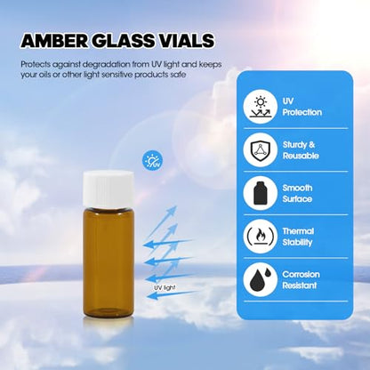 12PCS 10ml Amber Glass Vials with White Screw Caps and Plastic Stoppers, Leak-Proof Small Liquid Sample Bottles for Essential Oils, Perfumes, Reagents - color: AMBER, size: 10ml