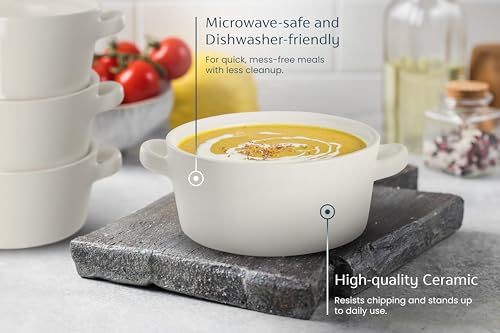 KooK Ceramic Soup Crocks, 18 oz, Set of 4, Matte White | Stackable Bowls, Broil Safe, Oven Safe, Microwave Safe, Dishwasher Safe - color: Matte White