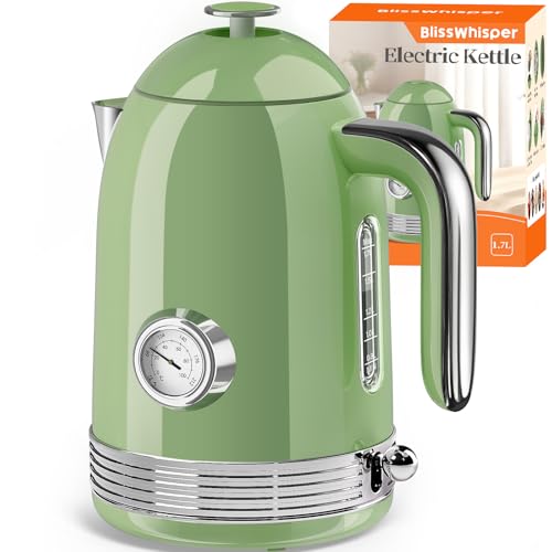 1.7L Electric Tea Kettle with Thermometer, 1500W Retro Stainless Steel Hot Water Kettle,Fast Boil Cordless Electric Kettle,Auto Shut-Off & Boil-Dry Protection