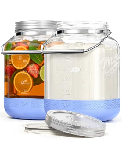 1 Gallon Glass Jars with Airtight Lid, 4.3" Wide Mouth Mason Jars, 2 PCS | Metal Screw Lid, Silicone Inner Lid, Handle and Non-Slip Base, BPA Free, 128 oz, Storage Containers for Flour, Sugar and Food