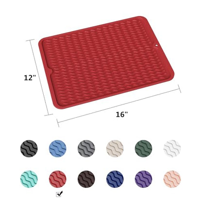 ZLR Silicone Dish Drying Mat for Kitchen Counter (12" x 16" / 307 x 405mm) - Large Fast-Dry Drainer Mat with Raised Wavy Ridges & 5mm Lip - Non-Slip, Heat Resistant 450°F, BPA-Free (Lava Red) - color: Lava Red, size: 16" x 12"