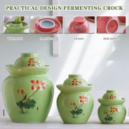 Lotus Pattern Fresh Kimchi Jar, Double Lid Design Fermentation Crock, Traditional Water-Sealed Pickling Tank, High Temperature Ceramic Material(3.5kg/123.4oz) - size: 3.5kg/123.4oz