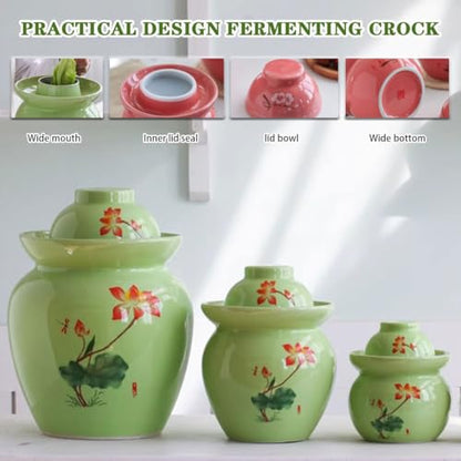 Lotus Pattern Fresh Kimchi Jar, Double Lid Design Fermentation Crock, Traditional Water-Sealed Pickling Tank, High Temperature Ceramic Material(3.5kg/123.4oz) - size: 3.5kg/123.4oz