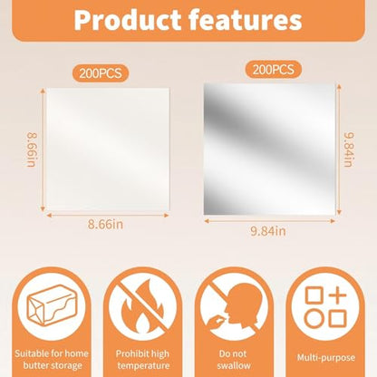 400 Pack Butter Wrapping Paper Set, 200 Pcs Aluminum Packaging Wrapping Sheets and 200 Pcs Silicone Oil Sheets, 9.84 x 9.84 and 8.66 x 8.66 Inches, for Homemade Butter Storage and Chocolate Packaging