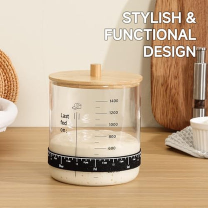 HomeFeel Premium Sourdough Starter Jar - 50 oz Large Glass Jar with Bamboo Lid, Cloth Cover, Date Tracker, Thermometer and Scraper, Stylish Design and Wide Mouth Starter Kit - size: 50 Oz