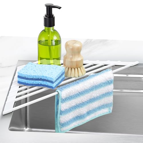 Ohuhu Corner Sink Strainer, Sponge Holder for Kitchen Sink Organizer - Silicone Wrapped Steel Anti Slip Rust Triangle Over the Sink Roll-UP Dish Drying Rack Caddy Kitchen Sink Accessories - color: White, size: 16.9" x 9.8" x 3.5"