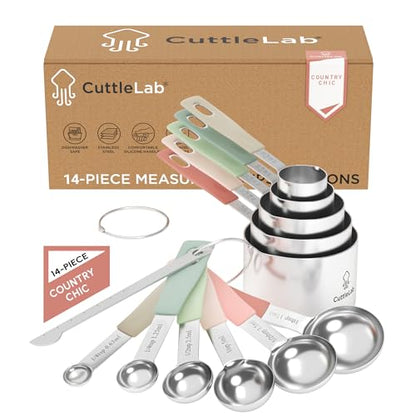 CuttleLab Measuring Cups and Measuring Spoons Set of 14 - Stainless Steel Measuring Cups and Spoons Set, Includes 1/8 Teaspoon Measuring Spoon, 1/8 Cup Measuring Cup, Leveler Dry (14, Country Chic) - color: Country Chic