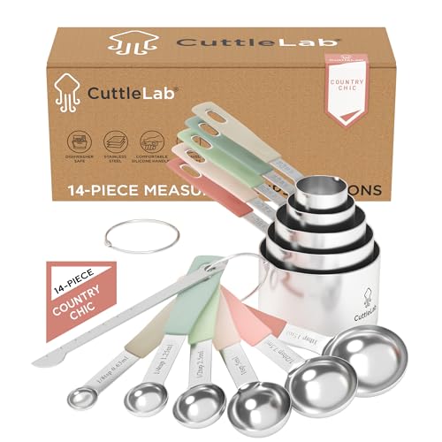 CuttleLab Measuring Cups and Measuring Spoons Set of 14 - Stainless Steel Measuring Cups and Spoons Set, Includes 1/8 Teaspoon Measuring Spoon, 1/8 Cup Measuring Cup, Leveler Dry (14, Country Chic) - color: Country Chic